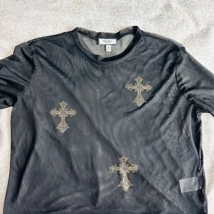 Discreet Black Sheer Mesh Top with Gold Cross Studs